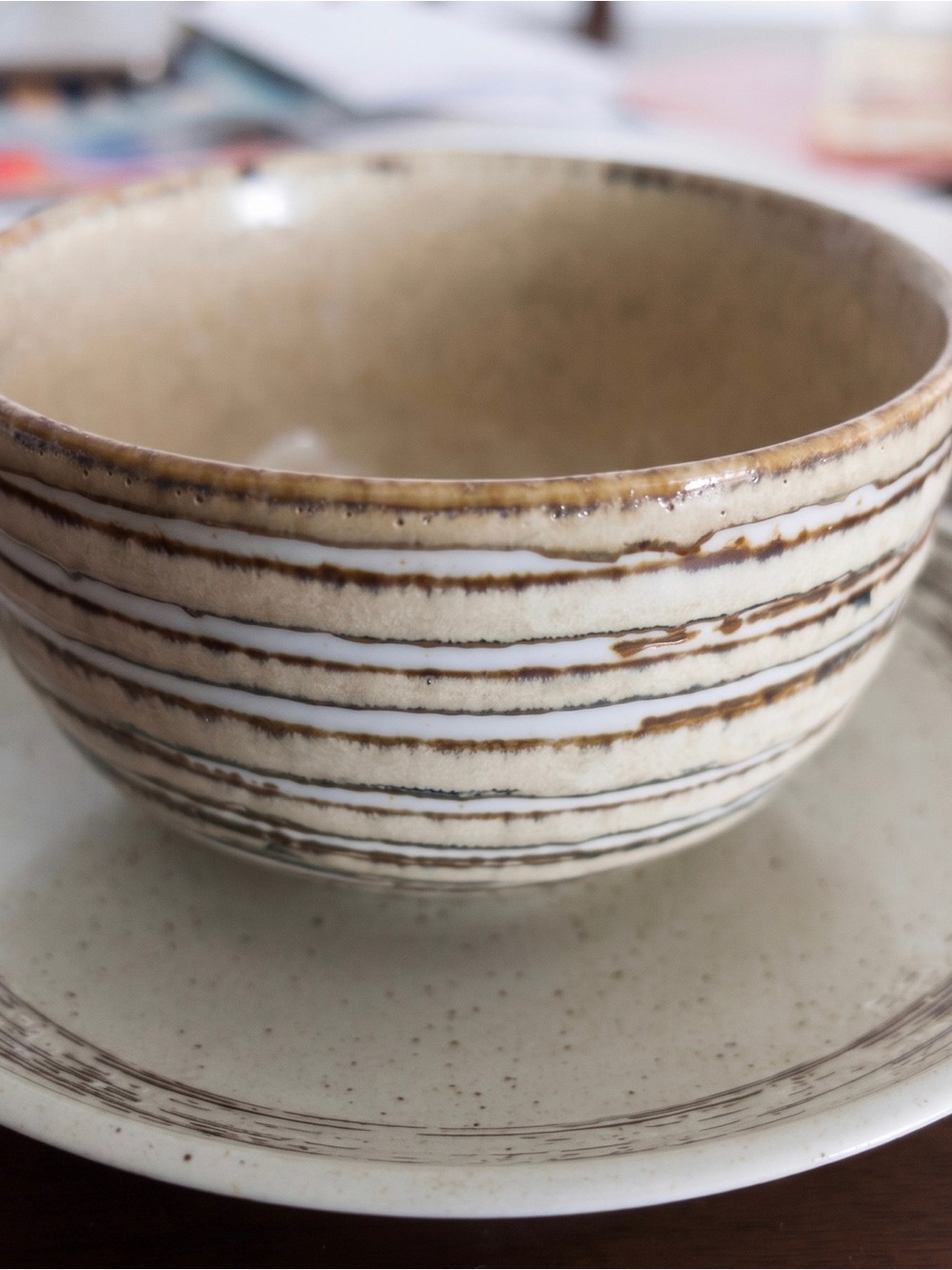 Neutral Striped Ceramic Bowl - Beige and Brown